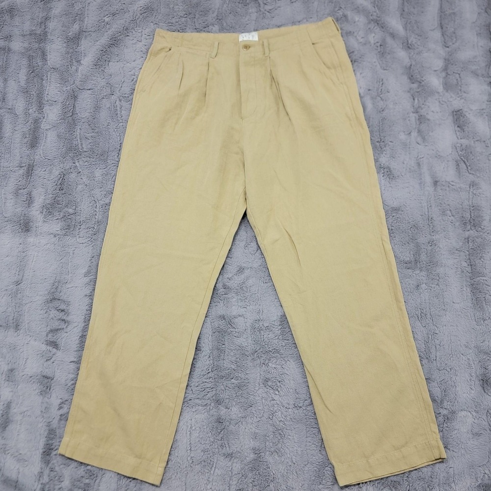 Wythe Pants Mens 38x32 Khaki Pleated Cotton Linen Chino Relaxed Summer